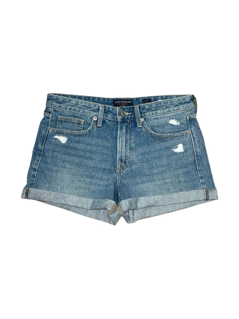 Lucky Brand Boyfriend Denim Shorts Medium Blue Wash Distressed Women’s 28 Cuffed